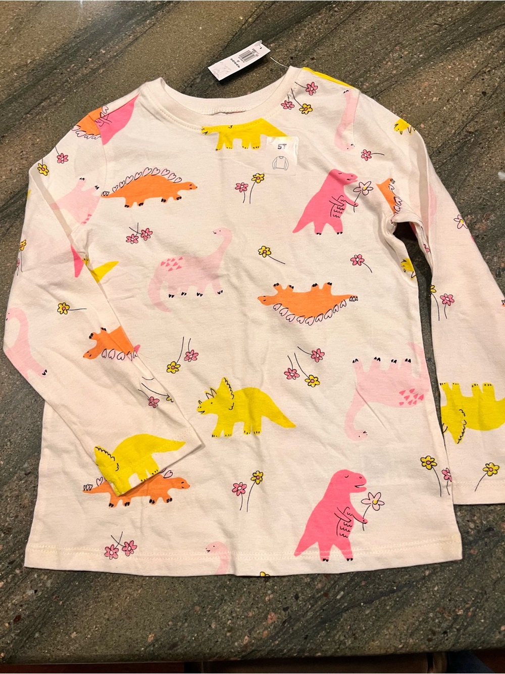Old Navy Long Sleeve Dinosaur Tee in White with Pink, Yellow, and Orange Prints